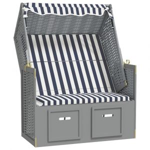 Image de Strandkorb avec auvent r&eacute;sine tress&eacute;e et bois solide bleu blanc 02_0012168