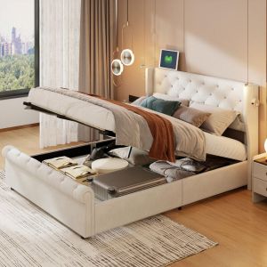 Lit coffre 140x190 - SUNFECILI - Velours beige - 2 lampes de lecture - Capacité 300 kg - Montage facile