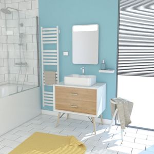 Aurlane MEUBLE SALLE DE BAIN SCANDINAVE BLANC ET BOIS NATUREL 80 CM SUR PIEDS AVEC TIROIRS, VASQUE A POSER ET MIROIR LED - NORDIK SKUFF LED