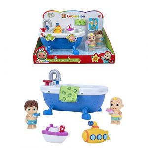 Image de Bandai CoComelon Coffret Jeux de Bain - Baignoire Musicale 28 cm Qui Joue la Chanson Bath Song (en Anglais) - 2 Figurines à Fonctions et 2 Jouets de Bains Inclus - WT80123