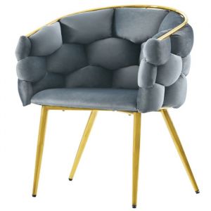 Image de 1 Chaise en velours de luxe, pieds en fer dor&eacute;, chaise grise, chaise bulle