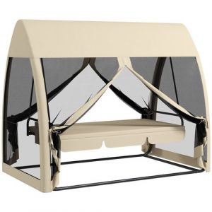 Outsunny Balancelle de jardin convertible 3 places - matelas assise dossier, moustiquaire int&eacute;grale, toit - m&eacute;tal polyester beige