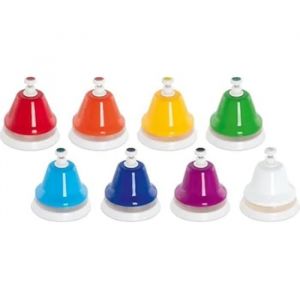 Goki 61855 II Lot de 8 Cloches pour Enfants - Jouet Musical - Favorise Le Talent Musical et l'éducation précoce - en métal et Plastique - Couleurs Vives - À partir de 3 Ans