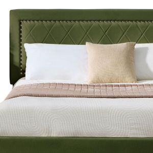 Menzzo Lit coffre Sandiego avec sommier relevable 160x200cm et tête de lit cloutée Velours Kaki