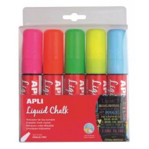 APLI 13965 - Pochette de 5 marqueurs à craie liquide, pointe biseau 10-15 mm, coloris assortis