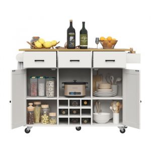 &Icirc;lot de cuisine mobile avec rangements et plan de travail pliable, tiroirs, rangements et roulettes &ndash; Blanc