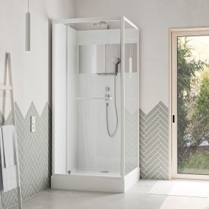 Aurlane Cabine de Douche Carrée 90x90cm Porte Pivotante - Blanche - Bande Effet Miroir - SQUARE STRIPE