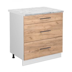 Meuble cuisine Fame-Line, Chêne de force doré, 80 cm avec 3 tiroirs, pt Marbre Vicco