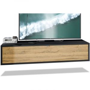 Image de Vladon - Meuble de tv Armoire suspendue Lowboard Lana 140 noir mat - haute brillance - Façades en Chêne Nature - Façades en Chêne Nature