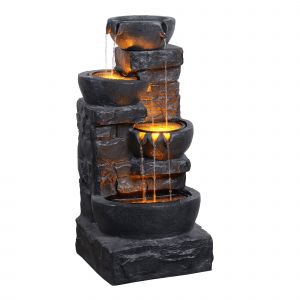 Teamson Home Fontaine Rustique 4 Niveaux Cascade Exterieure Led Debit Reglable Pierres Empilees Gris Fonce