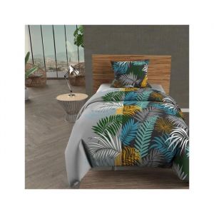 Soleil d'Ocre Parure housse de couette coton 57 fils 140x200 cm JUNGLE bleu, par