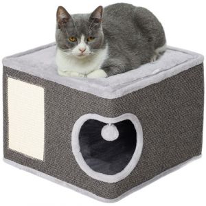 Pawhut Panier niche griffoir grattoir 4 en 1 - 2 coussins, pompon - sisal naturel peluche gris