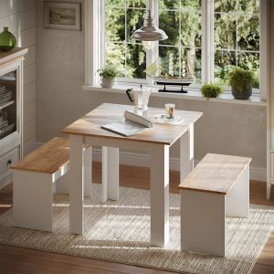 Vicco - Ensemble de table &agrave; manger Sentio, Ch&ecirc;ne blanc/force de l'or, 80x80cm avec 2 bancs