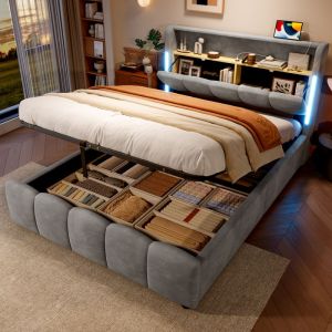 Lit coffre rembourr&eacute; 140 x 200 cm - avec &eacute;clairage LED - avec ports USB + Type-C - velours - gris (matelas non inclus)