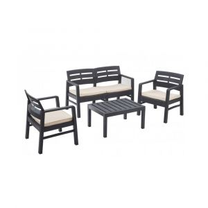 Salon de jardin 4 pièces Anthracite Canapé 2 places + 2 fauteuils + Table basse + 3 Coussins écru KZ GARDEN