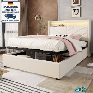Modfu - Lit coffre 140x190cm sans matelas, hydraulique, lit double led, usb, lin, lit adulte, beige