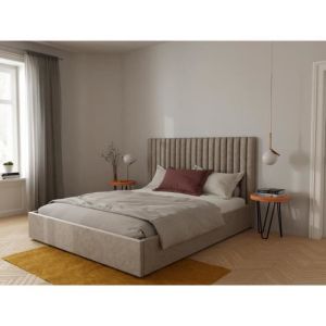 Lit coffre 180 x 200 cm avec tête de lit coutures verticales - Tissu - Beige - SARAH