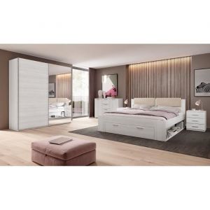Chambre à coucher floyd : Armoire 220cm, Lit 140x200, commode, chevets. Coloris blanc effet bois. - Blanc