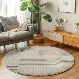Carpetsale24 Tapis de Salon ou chambre en Beige 120 cm Rond style boh&egrave;me scandinave avec effet haut-bas tapis d&eacute;coratif