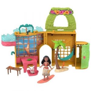 Mattel Disney Histoires à empiler L’île de Vaiana Maison de poupée et poupée princesse Vaiana, avec petite poupée, 2 figurines animaux et 8 accessoires de jeu, jouet inspiré du film Disney HXK09
