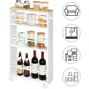 Chariot de Service, Desserte de à 4 Niveaux avec Poignée, roulettes avec Freins, avec Bords Rehaussés, Fin, Montage Facile, pour Cuisine, Salle de