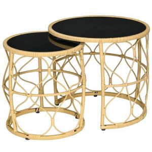 Outsunny Lot de 2 tables basses gigognes de jardin résine tressée beige verre noir