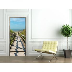 Plage Sticker porte, trompe l'oeil encadrement de porte en bois dans les dunes, 204 cm X 73 cm