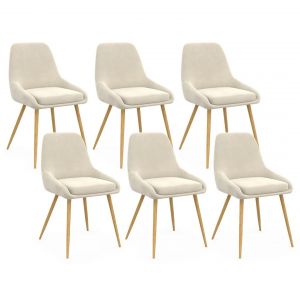 Idmarket Lot de 6 chaises de salle &agrave; manger THALYA en velours beige et pieds effet bois avec accoudoirs