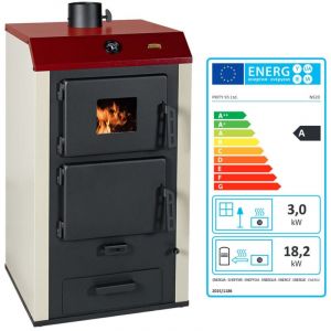 Poêle à bois avec chaudière PRITY NS20 – 18,2 kW eau + 3 kW air – Classe A – Sortie de fumée Ø150 mm – Chauffage jusqu’à 100 m²