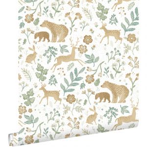 Estahome - papier peint forêt avec des animaux de la forêt vert et beige