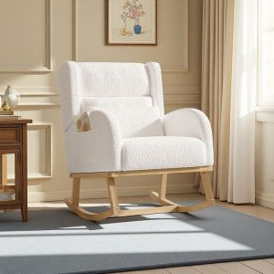 Fauteuil &agrave; Bascule - Relax Confort - Dossier Ergonomique - Tissu Teddy Blanc - Design Moderne