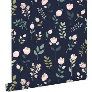 Estahome - papier peint fleurs bleu fonc&eacute;, rose et vert
