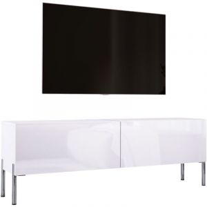 Meuble TV En Blanc Mat / Blanc Brillant Avec Pieds En Chrome, 140 X 52 X 32 Cm