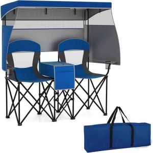 Image de Costway Chaise De Camping Ext&eacute;rieur Pliante 2 Places, Baldaquin R&eacute;glable, Ombres &Agrave; 3 C&ocirc;t&eacute;s, Porte-Gobelets, Sac De Transport, Bleu