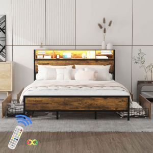 Image de Wishdor - Lit double Lit enfant 180 x 200 cm avec led, port de chargement usb, 4 tiroirs - marron