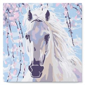 Mini peinture au numéro : Cheval et Fleurs blanches - toile tendue sur chassis