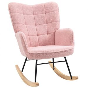 Homcom Fauteuil à bascule rocking chair design - structure acier piètement bois tissu effet laine bouclé rose
