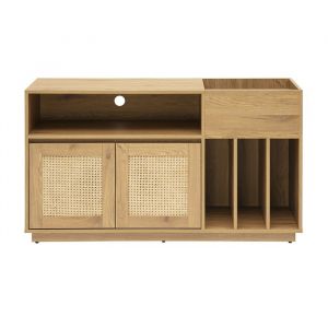 Miliboo Buffet de rangement vinyles finition bois clair ch&ecirc;ne et cannage rotin L130 cm ALICANTE