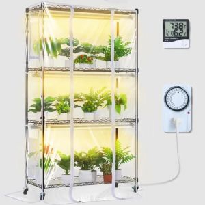 VEVOR Support Plantes avec Lampes de Croissance, Étagère Porte Plantes avec Housse de Serre, 4 Niveaux, 180 W, 3 Modes Éclairage à Spectre, Minuterie, pour Jardinage Germination Graines, 90x35x150 cm