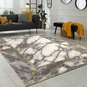 Paco Home - Tapis de salon gris, bordure dor&eacute;e 3-D motif marbr&eacute; motif marbr&eacute; durable &agrave; poil court 120 cm rond