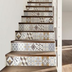 6 Stickers adhésifs escalier carrelages | Sticker Autocollant contremarche Carreaux de Ciment – Stickers contremarche carrelages - azulejos – 15 x 105 cm - 6 Bandes