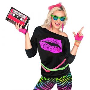 WIDMANN MILANO PARTY FASHION - T-shirt mode années 80 Girl, chemise sans manches, Kiss Lips, Disco Fieber, Costumes de carnaval