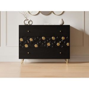Commode 3 tiroirs - Bois de manguier et métal - Noir et doré - belori
