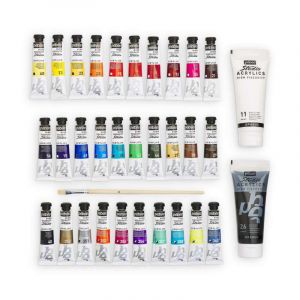 Pebeo Studio Acrylics-Set Peinture Acrylique, Couleurs complémentaires, 30 x 20 ml + 2 x 100 ml + Pinceau