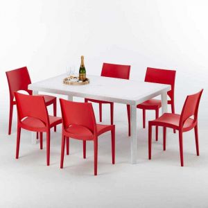 Grand Soleil Table rectangulaire et 6 chaises color&eacute;es Poly rotin resin&eacute; 150x90 blanc | Paris rouge