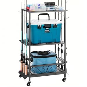 VEVOR Support de canne &agrave; p&ecirc;che &agrave; 10 p&ocirc;les, chariot mobile &agrave; roulettes pour canne &agrave; p&ecirc;che, pour garage, maison, int&eacute;rieur, pour rangement de bo&icirc;tes de p&ecirc;che, moulinets, accessoires, cadeaux pour hommes