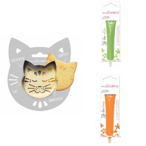Kit pour biscuit en relief Chat + 2 Stylos au chocolat vert clair et orange