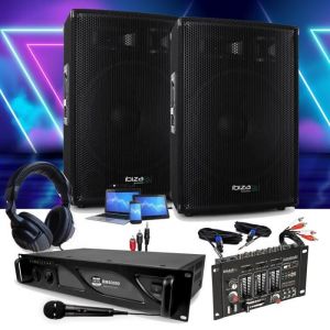 Ibiza Sound Pack Sonorisation DISCO12B 2 Enceintes 1200W + Ampli PRO DJ 3000W + Table de Mixage DJ21 USB + CABLAGE COMPLET