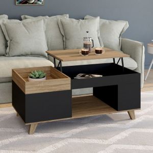 Idmarket Table basse rectangulaire plateau relevable et plateau amovible avec coffre lola bois et noir