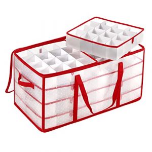 Songmics Boîtes de Rangement pour Noël, Coffre pour Boules de Noël et Décorations, 128 Compartiments, Séparateurs Modulables, 67 x 34 x 34 cm, Semi-Transparent et Rouge RFB029T01